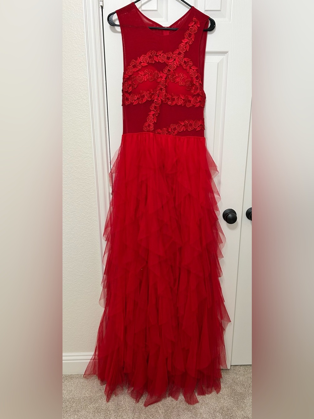 Red Illusion Mesh Appliqué Tulle Prom Gown evening cocktail homecoming size XL